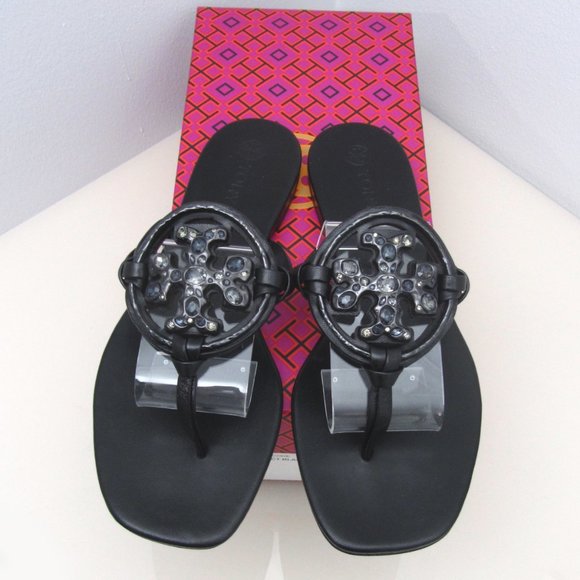 Tory Burch Miller Jeweled Embellished Crystal Leather Thong Sandals Black - Picture 3 of 13